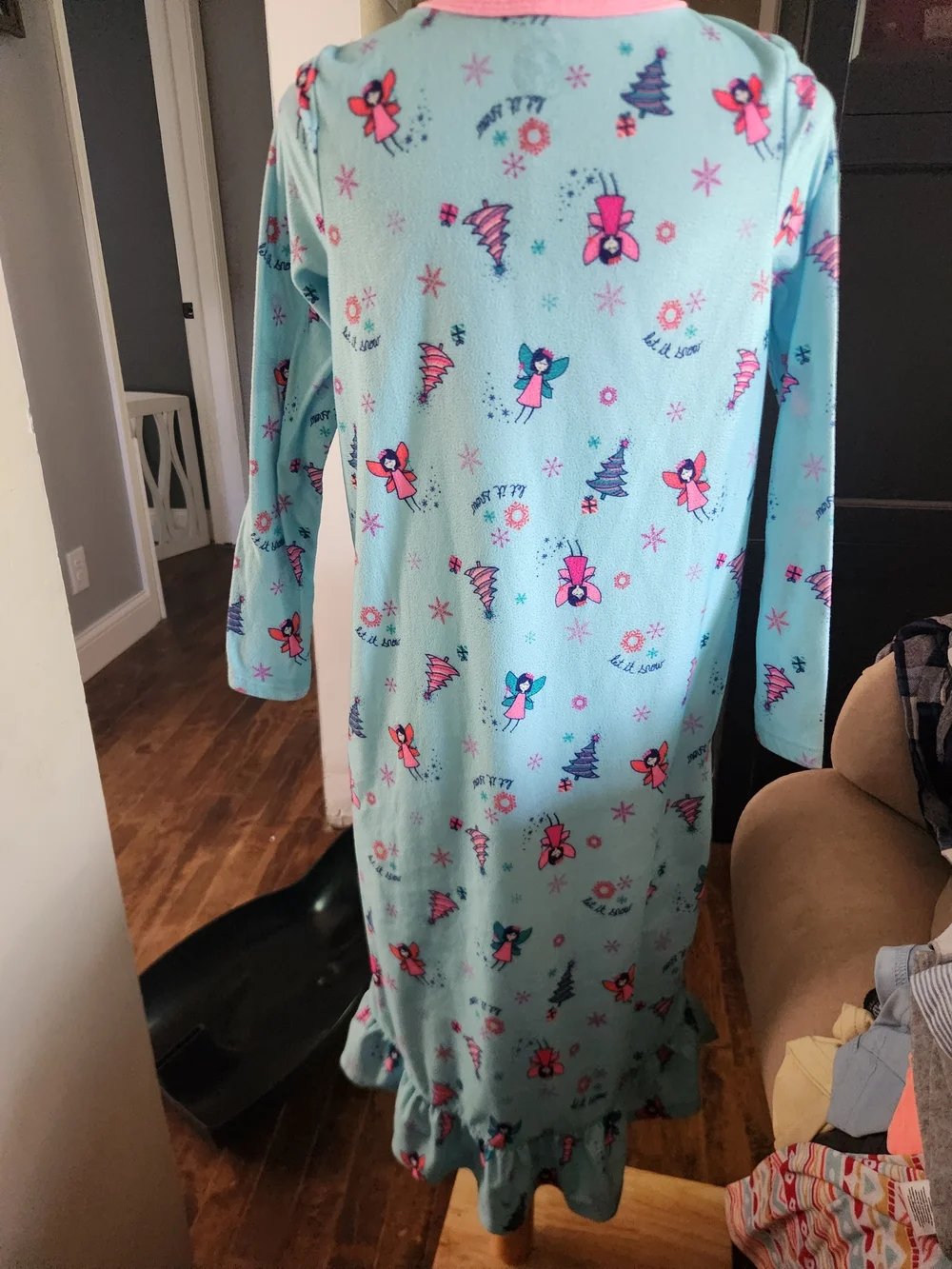 SO Light Blue Long Sleeve Holiday Print Nightgown with Pink Trim